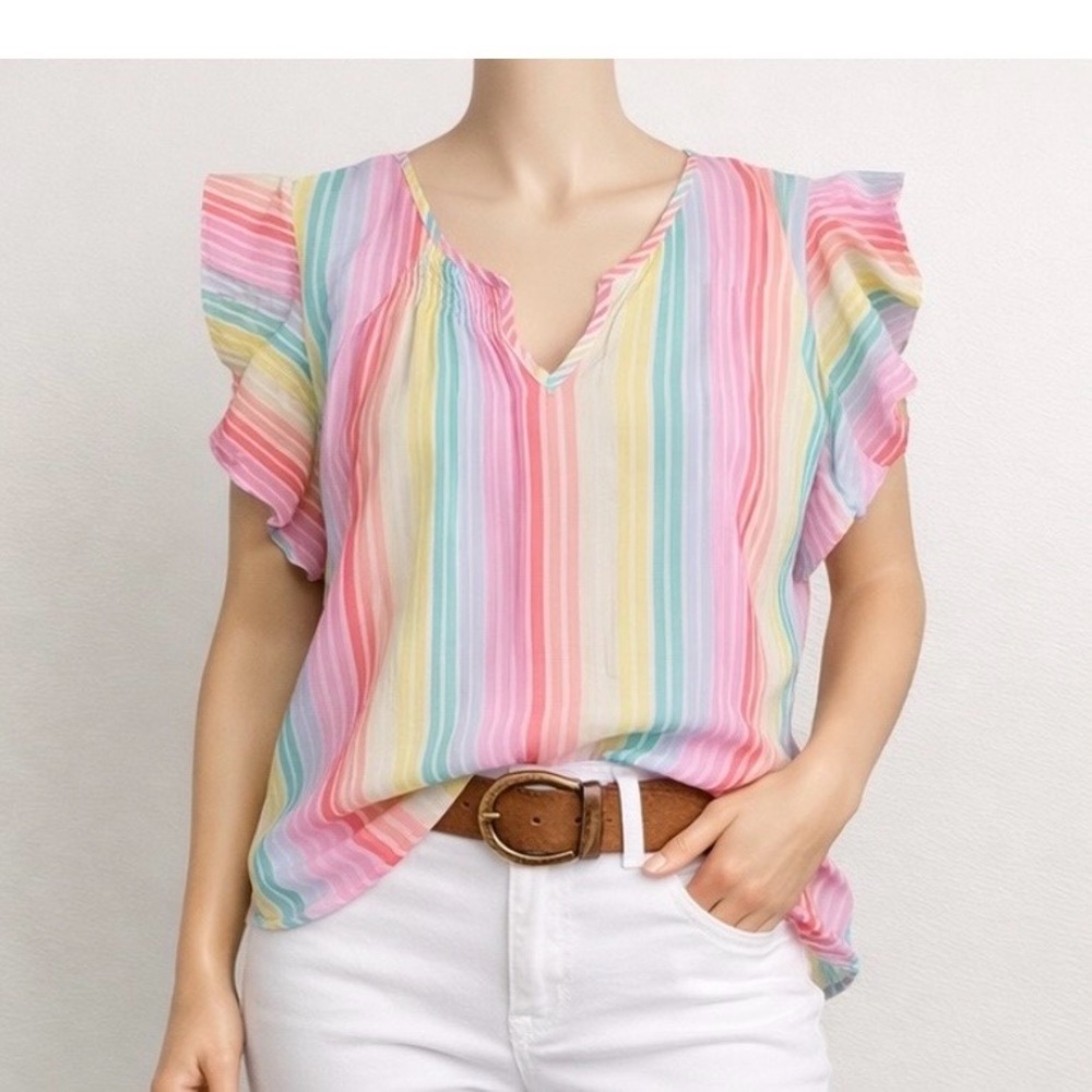 Michelle McDowell Pastel Stripe Ruffle Sleeve V-Neck Top – Size L